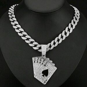 Men's Stainless Steel Silver Hip Hop Sparkly Card Pendant & Cuban Link Chain 18"